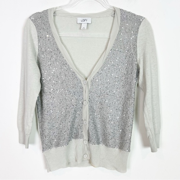 LOFT GRAY 3/4 SLEEVE SEQUIN KNIT BUTTON FRONT CARDIGAN SWEATER WOMENS SZ XS - Picture 1 of 5